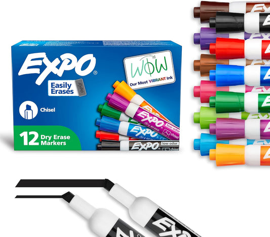 EXPO Dry Erase Markers, Low Odor Ink, Assorted Colors, Chisel Tip, 12 Count
