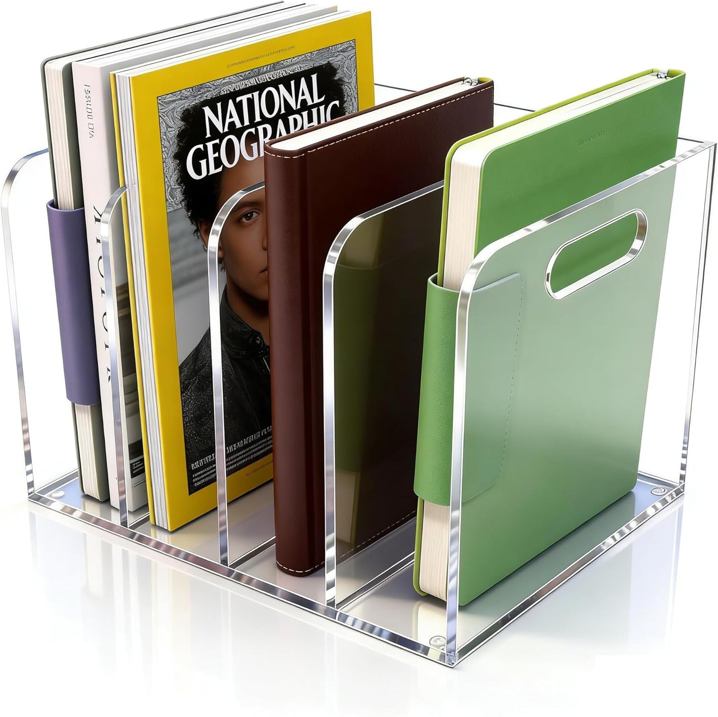 Acrylic Magazine File Holder, 4 Vertical Compartments Desk Document Sorter Organizer, Clear Folder Rack Binder for Office, Tablets, Magazines, Books – Home/Classroom Rack, 5mm Thick