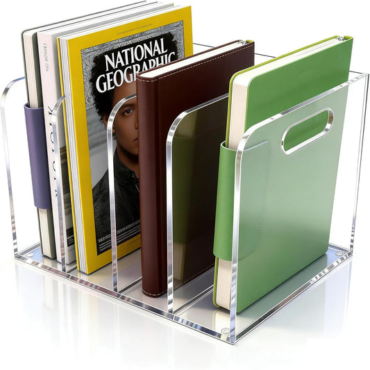 Acrylic Magazine File Holder, 4 Vertical Compartments Desk Document Sorter Organizer, Clear Folder Rack Binder for Office, Tablets, Magazines, Books – Home/Classroom Rack, 5mm Thick