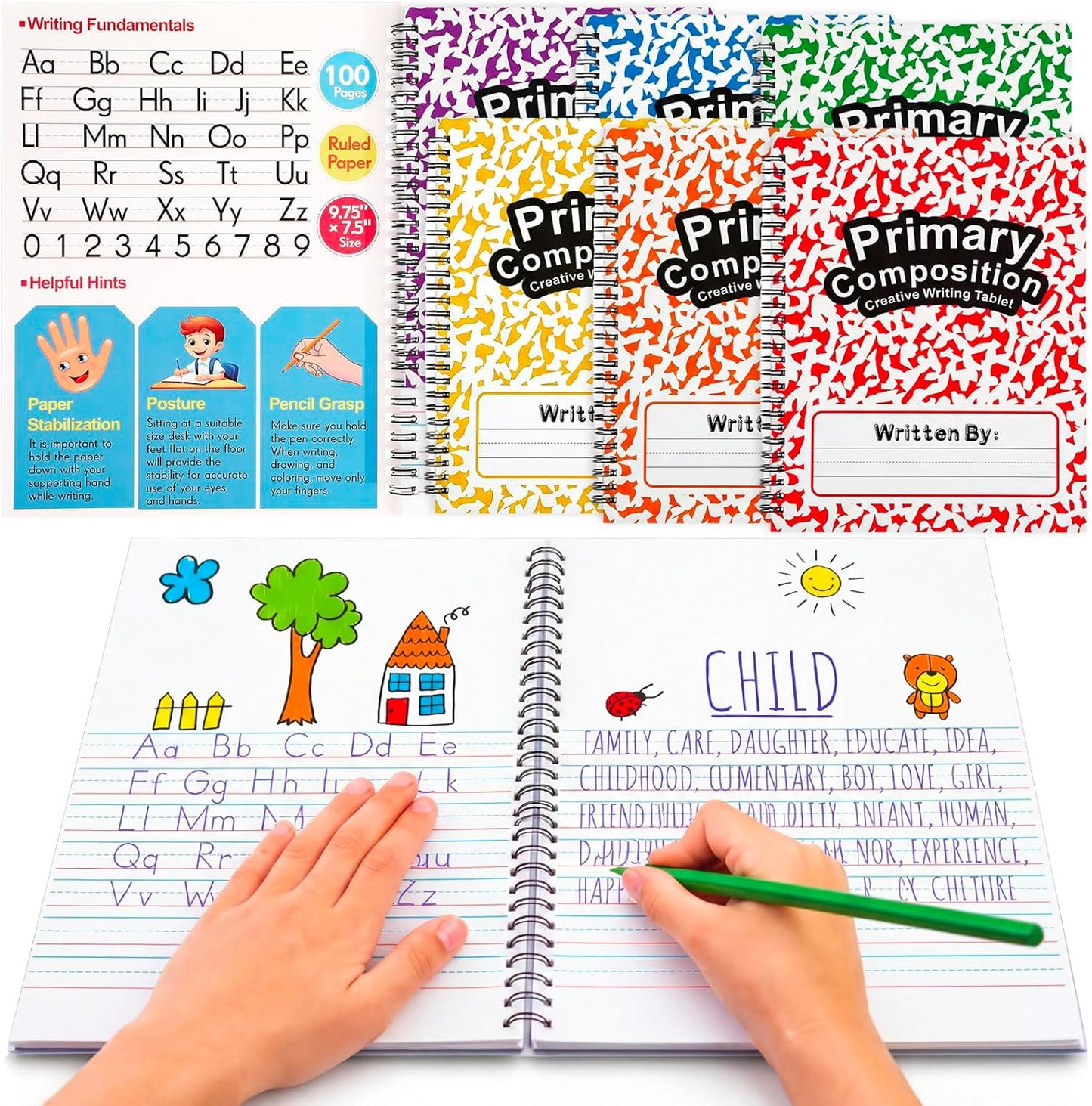 Henoyso 8 Pcs 100 Pages Spiral Primary Composition Notebook K-2 Bulk Primary Journal Drawing Handwriting Practice for Kids 4-6 Kindergarten Preschool Home School 1st 2nd Grade Student (Fresh Color)