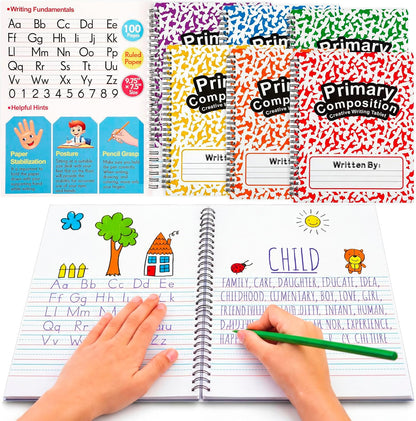 Henoyso 8 Pcs 100 Pages Spiral Primary Composition Notebook K-2 Bulk Primary Journal Drawing Handwriting Practice for Kids 4-6 Kindergarten Preschool Home School 1st 2nd Grade Student (Fresh Color)