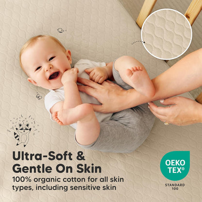 2-Pack Waterproof Crib Mattress Protector Cover Fitted - Quiet Baby Crib Mattress Pad Sheets, 52" x 28" Soft Quilted Cotton Baby Sheet, Machine Washable, Easy Fit, Durable (Soft White/Mavy)
