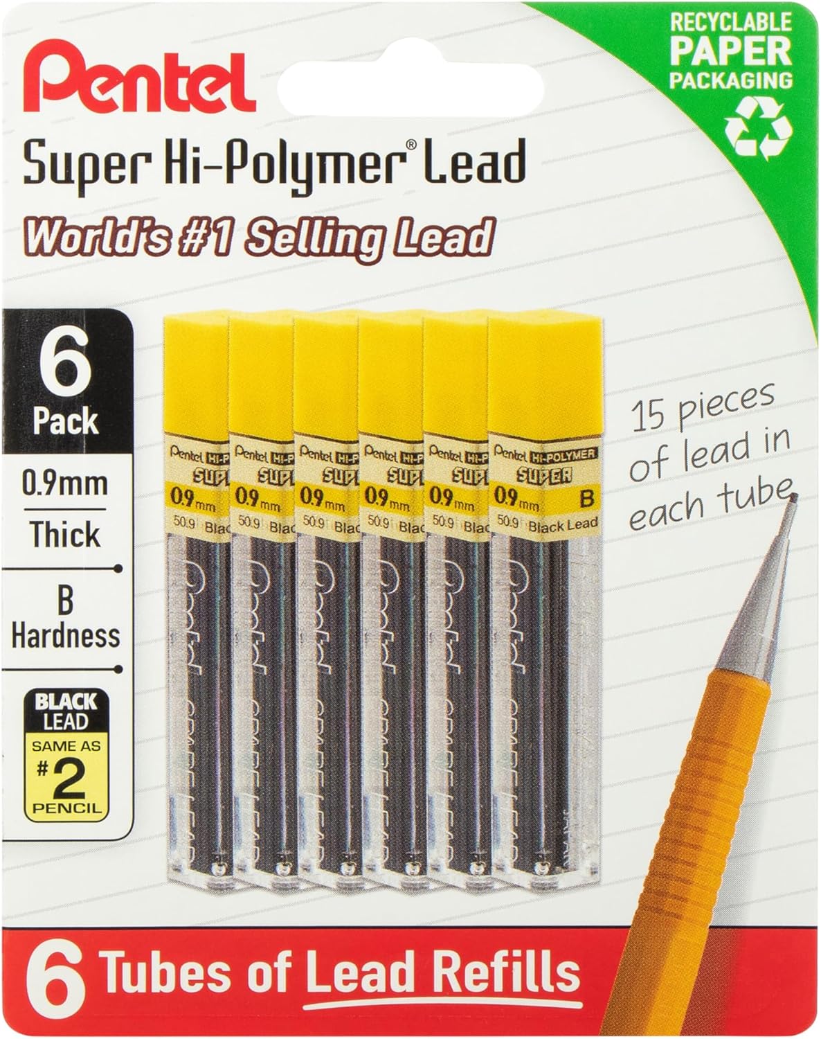 Pentel Super Hi-Polymer Lead Refills, 0.9 mm, HB, 90 Pieces (15 pcs per tube, 6 tubes)