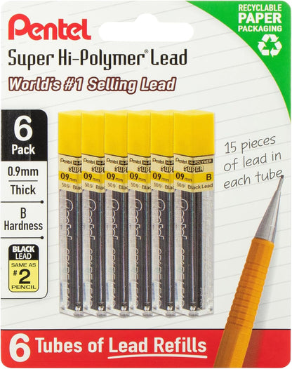 Pentel Super Hi-Polymer Lead Refills, 0.9 mm, HB, 90 Pieces (15 pcs per tube, 6 tubes)