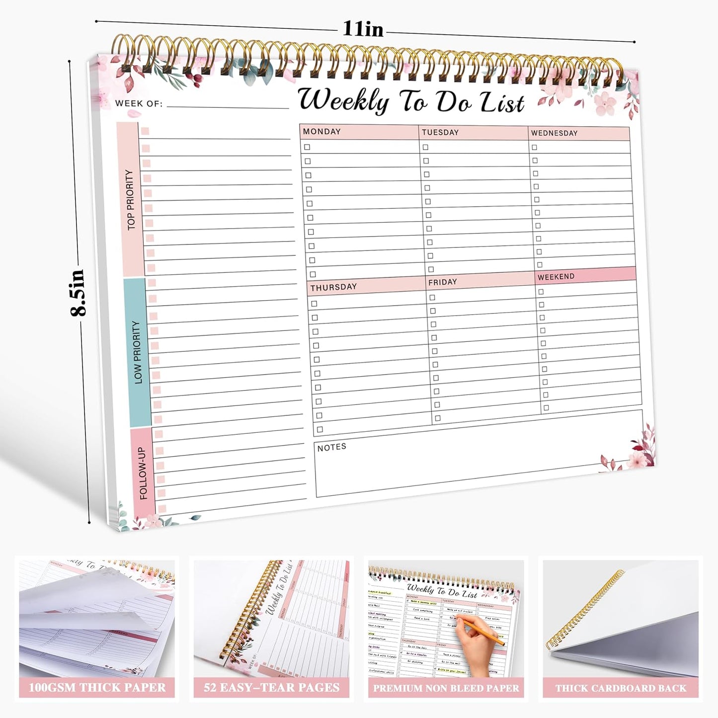 Kamoy Weekly To Do List Notepad with 52 Undated Sheets（8.5"×11"）- Undated Weekly Desk Planner Organizer for Work Home School Office Supplies