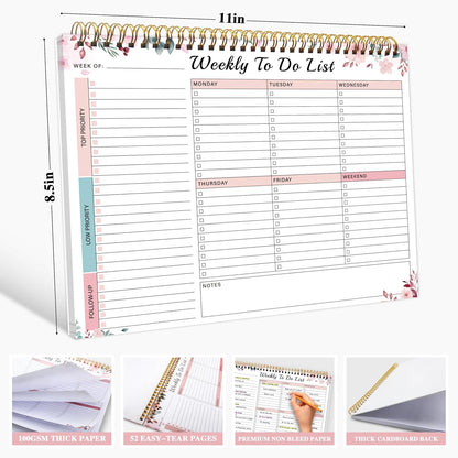 Kamoy Weekly To Do List Notepad with 52 Undated Sheets（8.5"×11"）- Undated Weekly Desk Planner Organizer for Work Home School Office Supplies