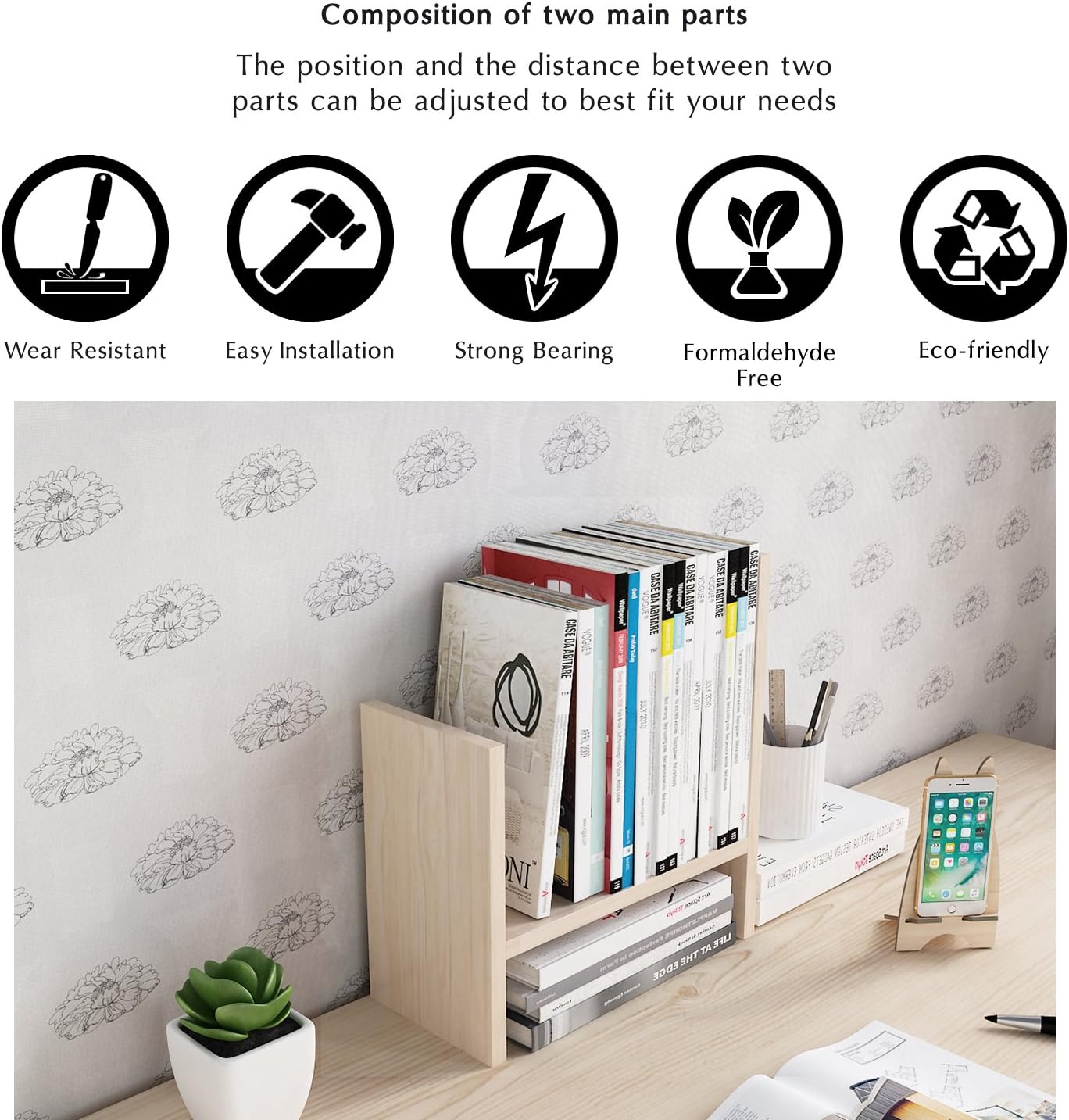 Jerry & Maggie Desktop Organizer Office Storage Rack Adjustable Wood Display Shelf Free Style Double H, Multi-Functional Mini Bookshelf for Desk Natural Stand (White)