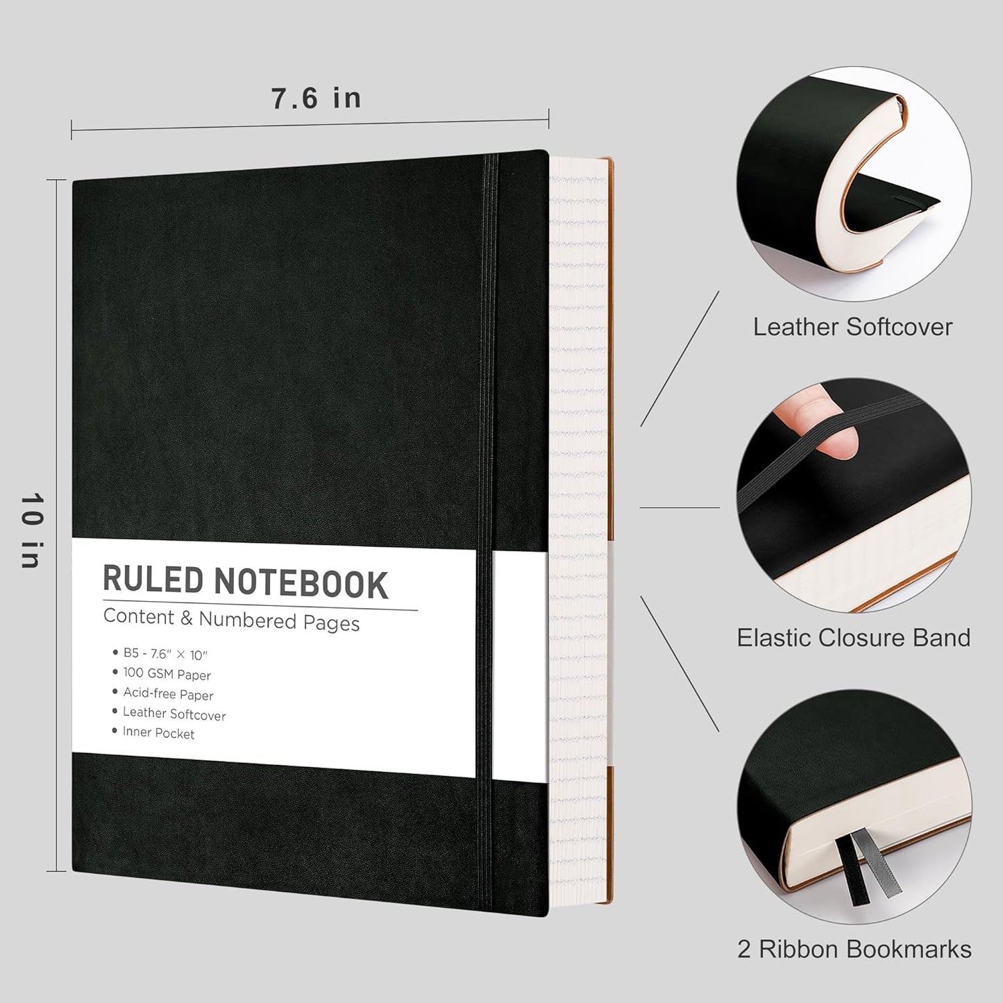 RETTACY Lined Journal Notebook, 2-Pack, 204 Numbered Pages per Pack, B5 Medium 7.6" × 10", Leather Softcover, 100 GSM Thick Paper, for Writing, Work, School (Black & Dark Green)
