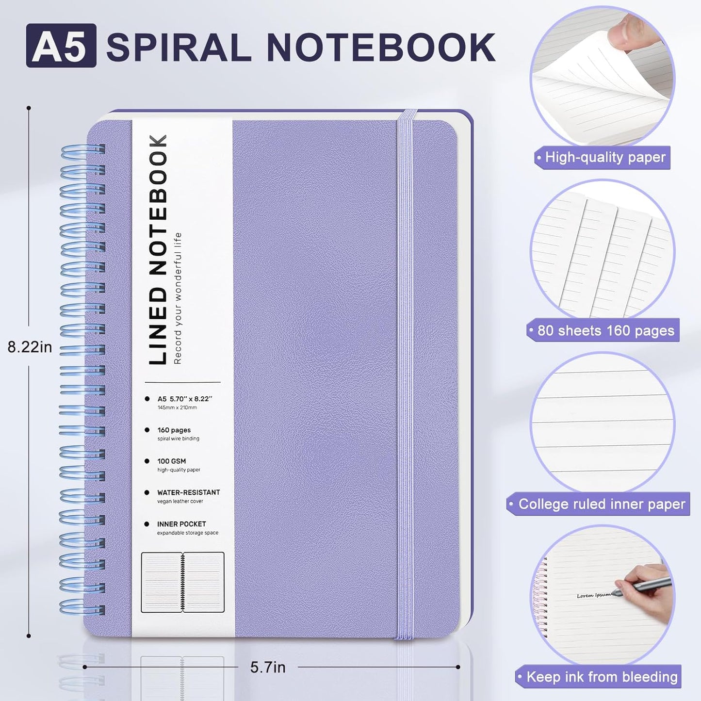 Lined Spiral Journal Notebook, A5 Hardcover Leather Notebook for Work, 5.7''×8.2'', 100GSM Thick Paper Spiral Bound Journaling Notebooks for Women & Men Office School Note Taking Business, Black