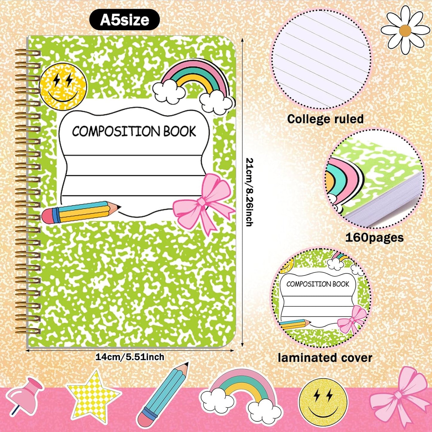 Resurhang 6 Pack A5 Composition Notebook Marble Spiral Notebooks Preppy Cute Aesthetic Hardcover Ruled Composition Books with Ballpoint Pens for School Day Classroom Prize, 5.8 x 8.3 Inch