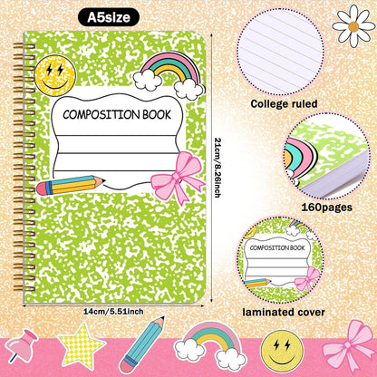 Resurhang 6 Pack A5 Composition Notebook Marble Spiral Notebooks Preppy Cute Aesthetic Hardcover Ruled Composition Books with Ballpoint Pens for School Day Classroom Prize, 5.8 x 8.3 Inch