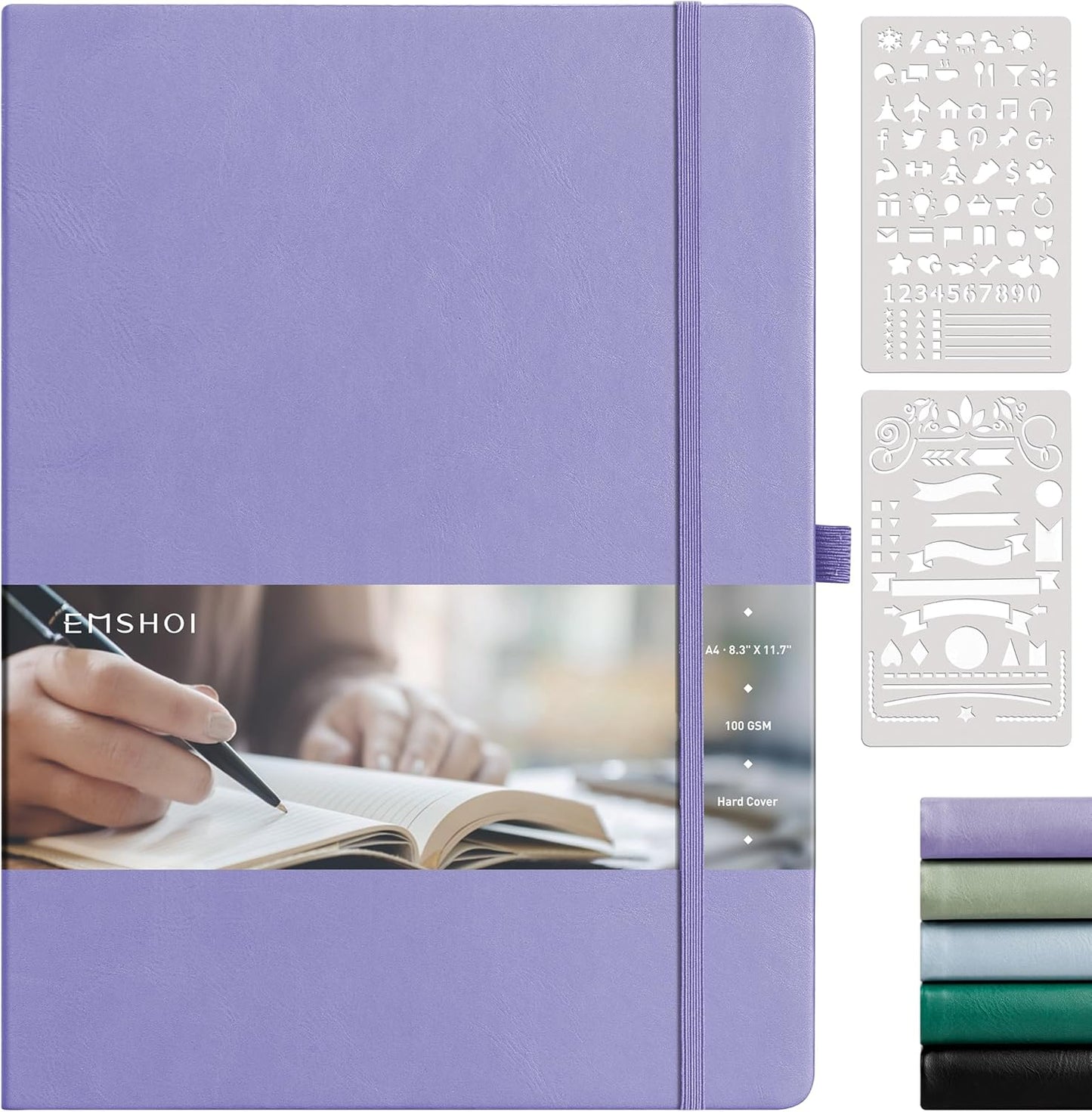 EMSHOI A4 College Ruled Notebook, Large 8.3" x 11.7", 192 Pages 100GSM Ink-Proof Faux Leather Hardcover Lay-Flat Lined Journal for Office School Work Writing, Black