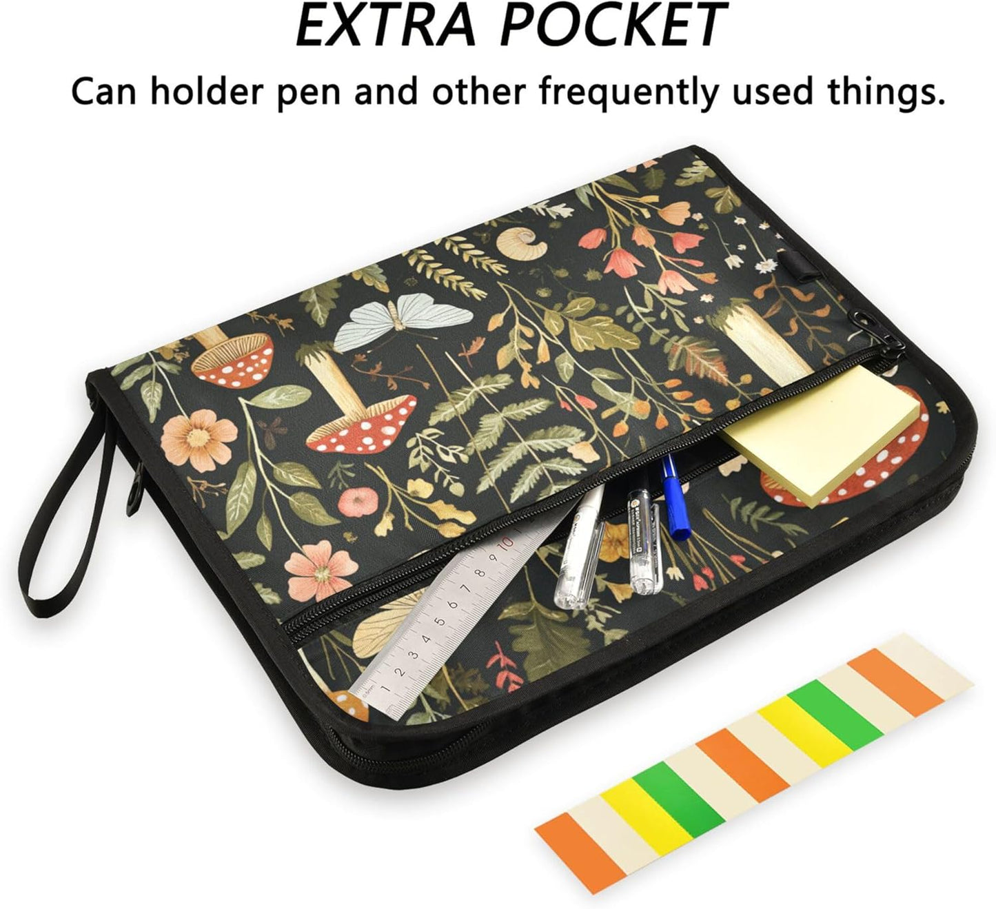 Mushroom Botanical Dragonflies Butterflies Expanding File Folder with Sticky Labels, 13 Pockets Accordion File Folder Document Organizer Expandable Zip File Folder with Zipper Closure