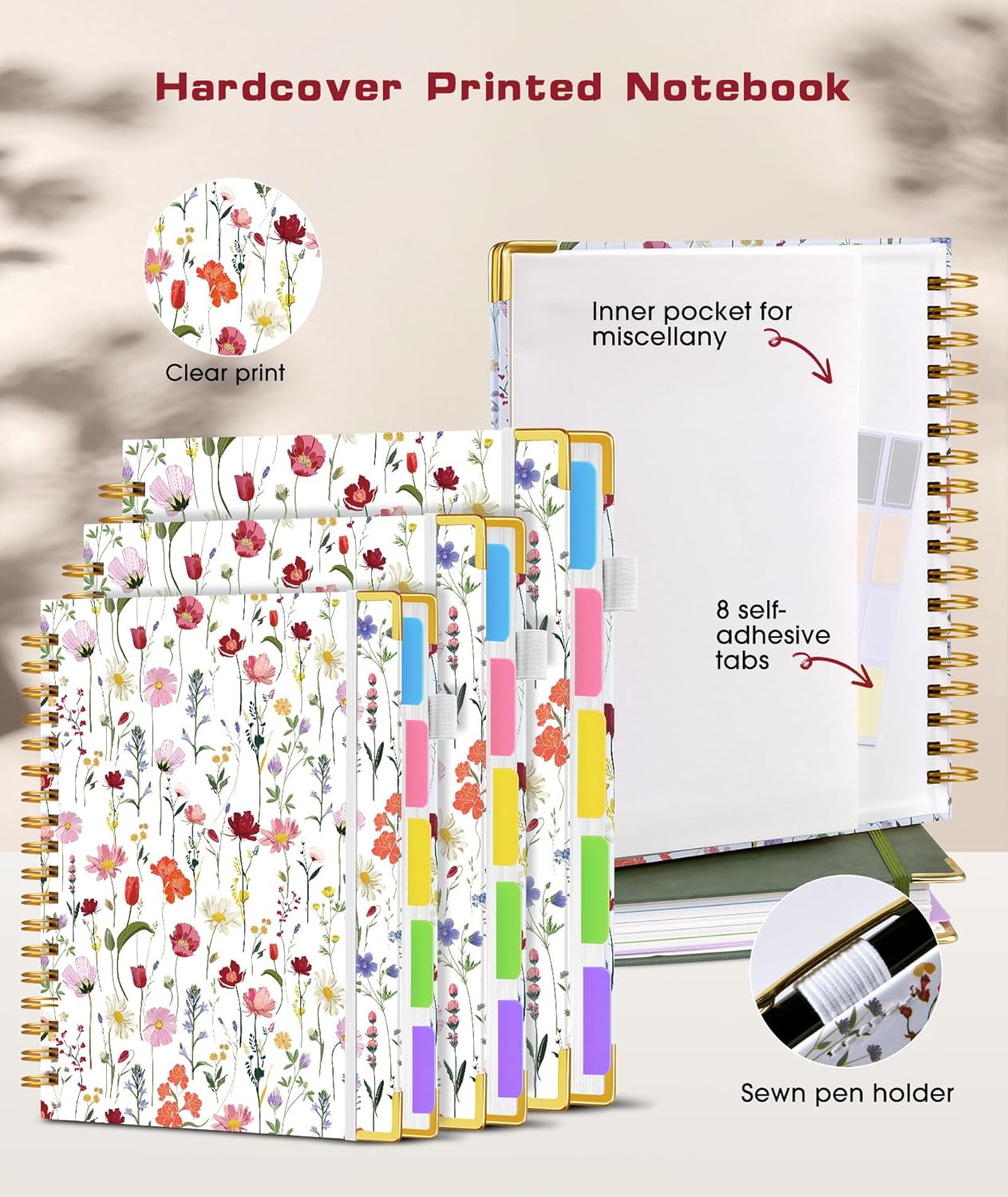 Hardcover Spiral Notebook Journal with Removable Dividers Tabs, 300 Pages Leather 5 Subject Notebook College Ruled, 8"x10" Large B5 Notebooks for Work School Note taking, Lined Journal for Women, Pink