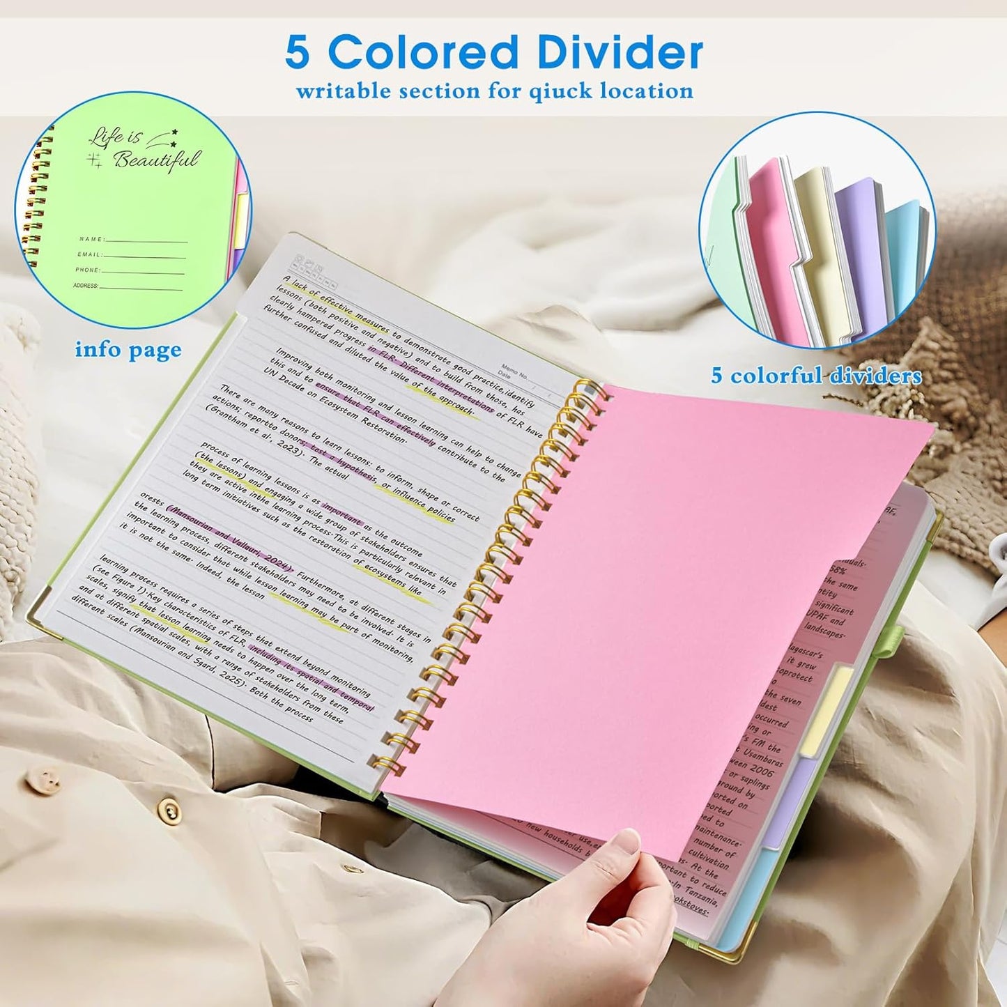 Hardcover Large Spiral Notebook 8.5" x 11" with Removable Dividers Tabs, 300 pages Leather 5 Subject Notebook College Ruled, A4 Journal for Women Men, Notebooks for Work School Note taking,Black