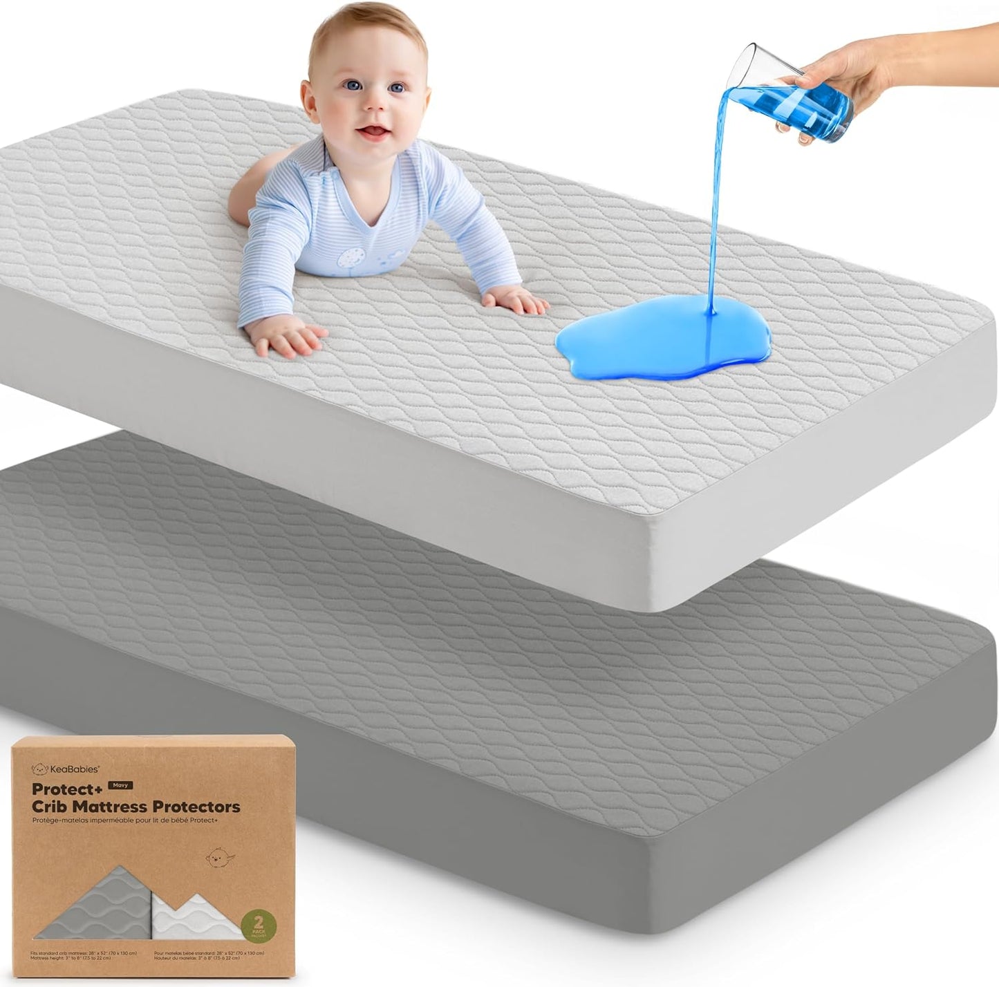 2-Pack Waterproof Crib Mattress Protector Cover Fitted - Quiet Baby Crib Mattress Pad Sheets, 52" x 28" Soft Quilted Cotton Baby Sheet, Machine Washable, Easy Fit, Durable (Soft White/Mavy)