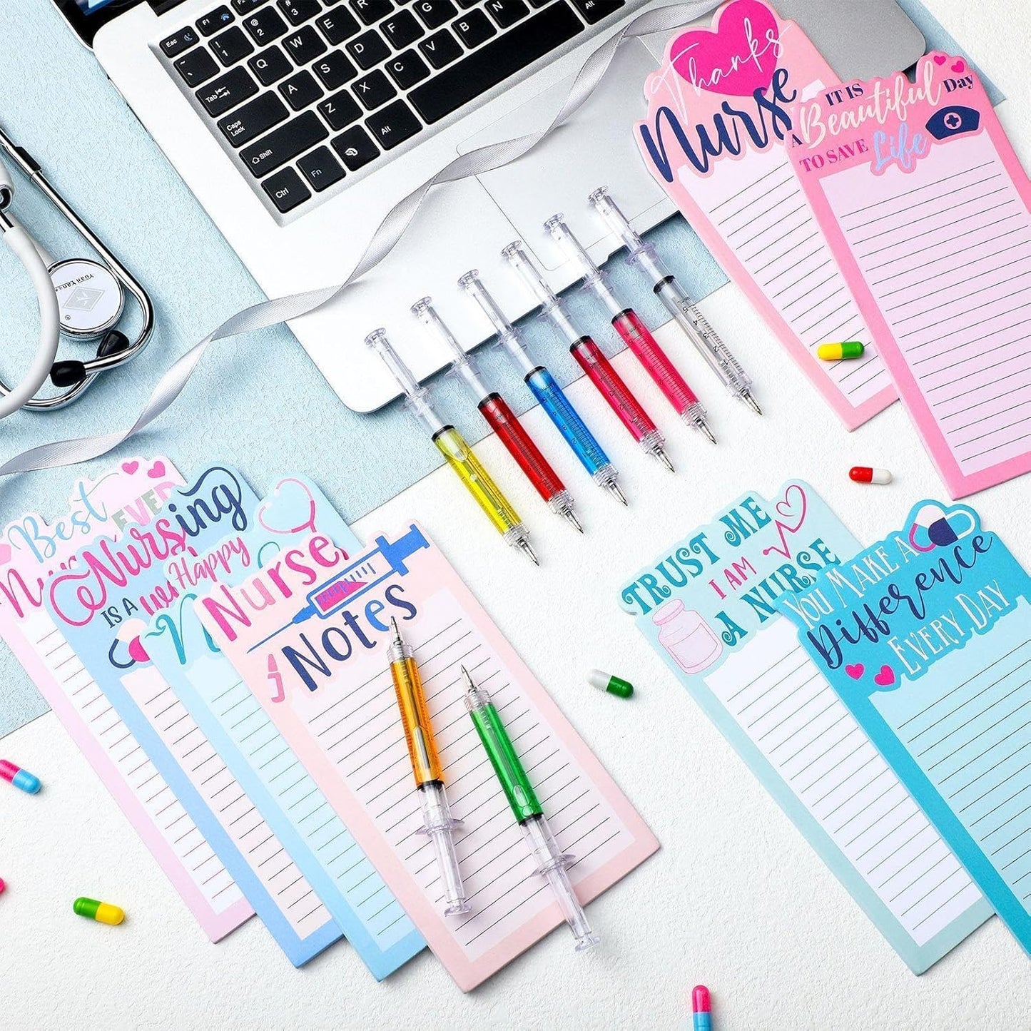 Laumoi 8 Set Funny Nurse Notepad with Pen 2026 Nurse Week Gift Bulk Nursing Sticky Note Die Appreciation Memo Pad with Syringe Ballpoint Pen for Medical Assistant Rn Cna Lrn (Novel, Bright Color)