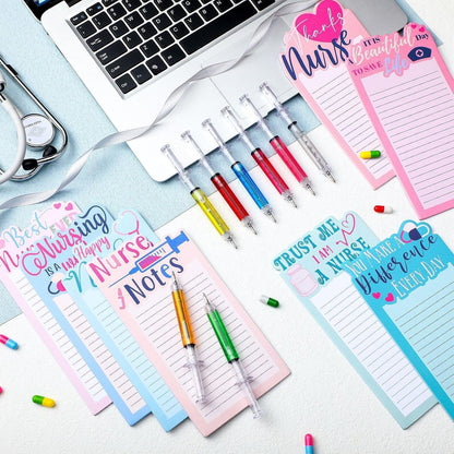 Laumoi 8 Set Funny Nurse Notepad with Pen 2026 Nurse Week Gift Bulk Nursing Sticky Note Die Appreciation Memo Pad with Syringe Ballpoint Pen for Medical Assistant Rn Cna Lrn (Novel, Bright Color)