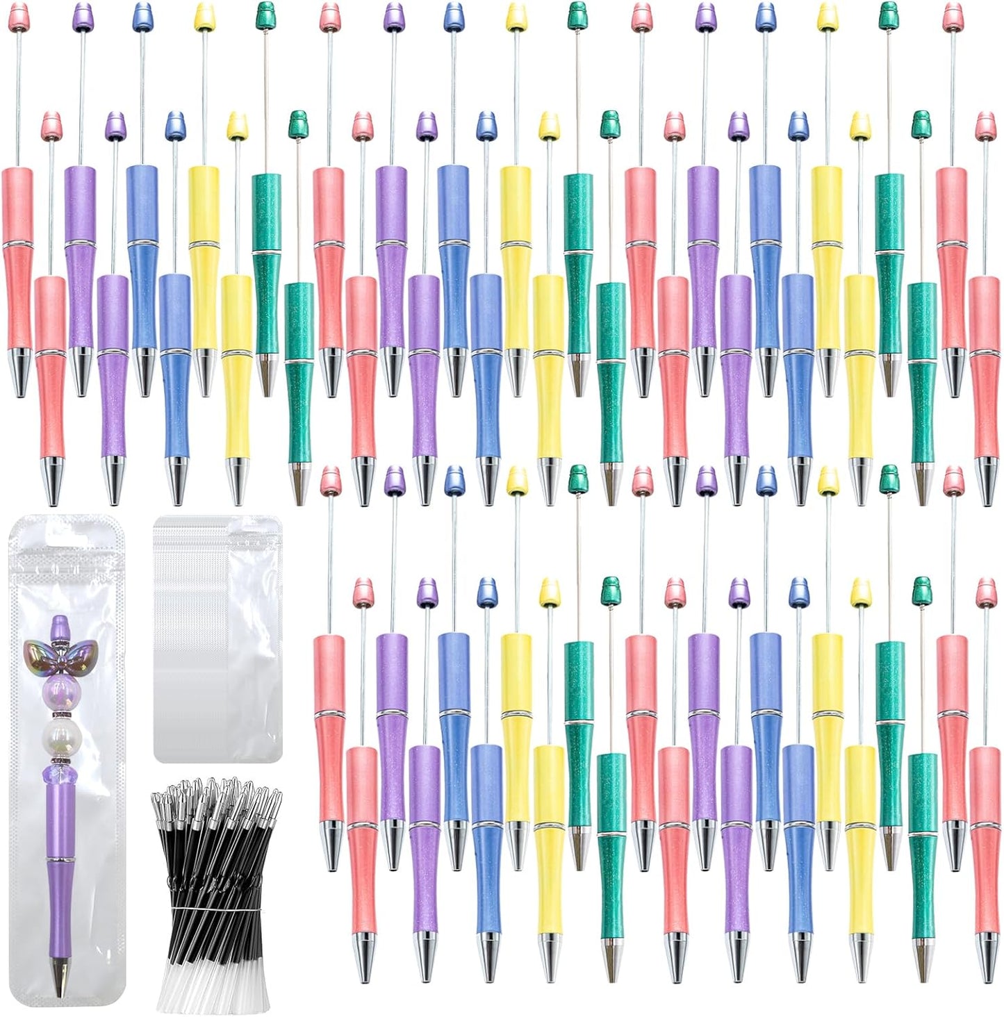 150 Pieces DIY Beadable Pen Kit – 50 Plastic Ballpoint Pens with Refills & Bags, Beads Not Included – School Supplies, Office Accessories & Craft Gifts for Students & Teachers (Multicolor)