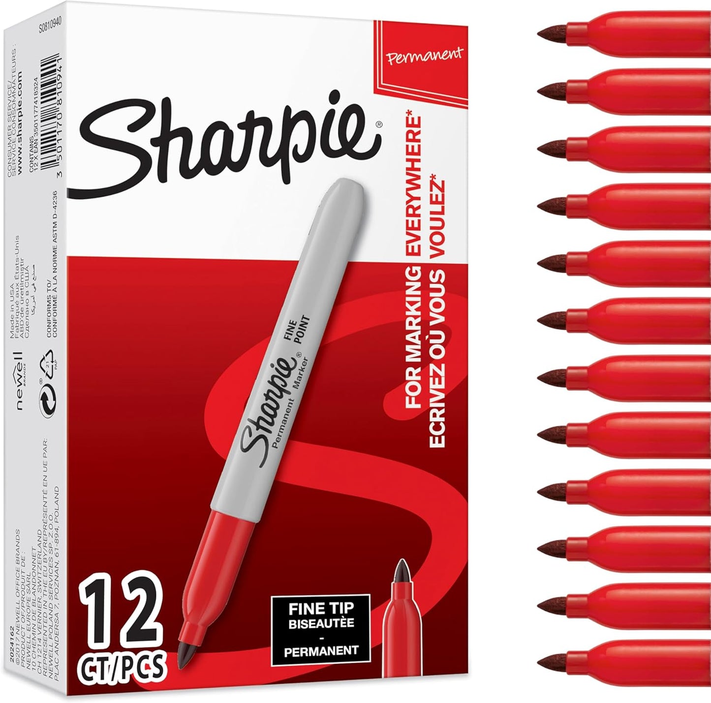 Sharpie Permanent Markers, Fine Point, Black, 12 Count