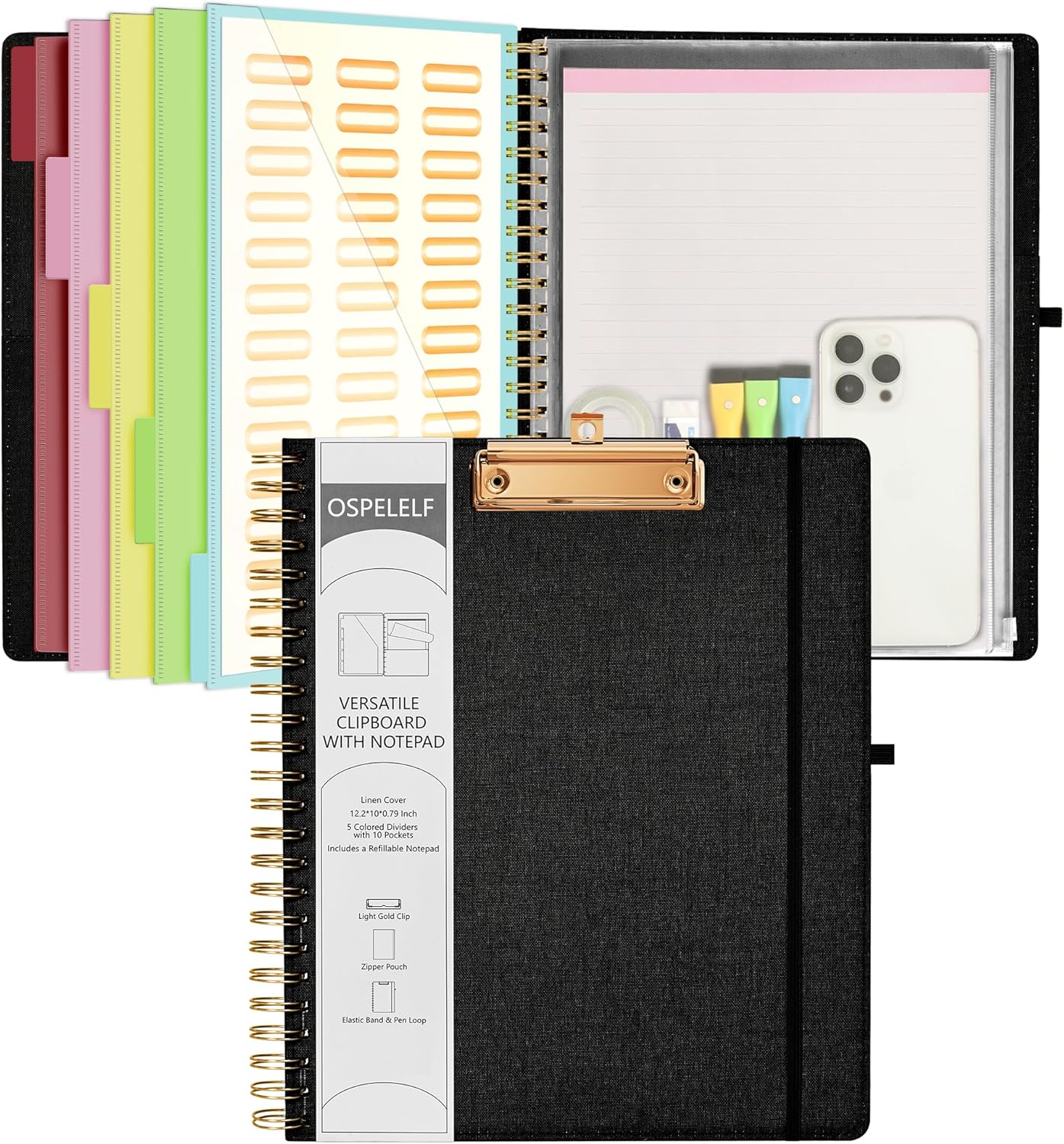 Ospelelf Foldable Spiral Clipboard Folio with Storage Zipper Pouch, 5 Plastic Folders with 10 Pockets,Refillable Lined Notepad (11" x 8.5"), Hardcover Project Organizer with 39 Stickers (Purple)