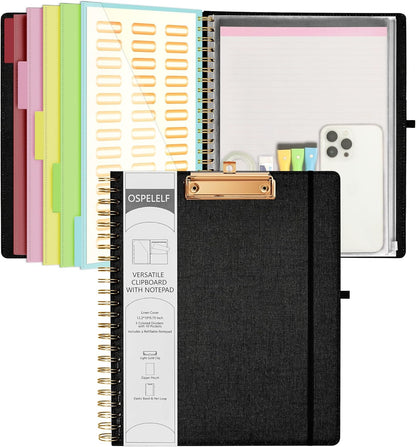 Ospelelf Foldable Spiral Clipboard Folio with Storage Zipper Pouch, 5 Plastic Folders with 10 Pockets,Refillable Lined Notepad (11" x 8.5"), Hardcover Project Organizer with 39 Stickers (Purple)