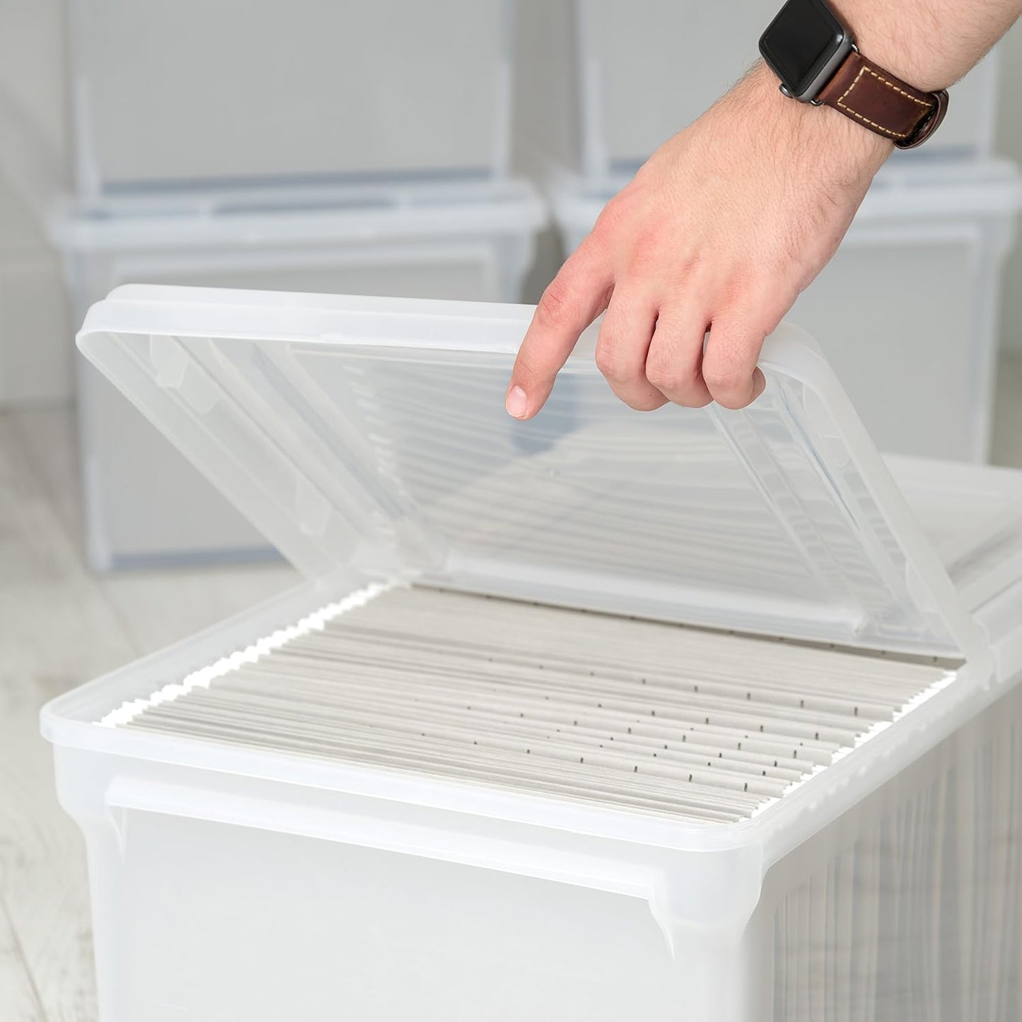 IRIS USA File Box, File Organizer w/Hinged Split Lid for Letter File, Important Document Box, Plastic Storage Filing Bin for Moving, Stackable Nestable Portable, Pearl 44 Qt. 4 Pack