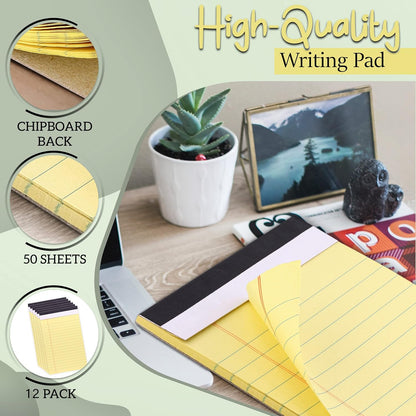 Yellow Legal Notepads 5x8, Pack of 6 - legal Ruled Writing Pad. Perforated Edge. Canary Yellow, Universal, Junior Size, 50 sheets per Pad. By Enday