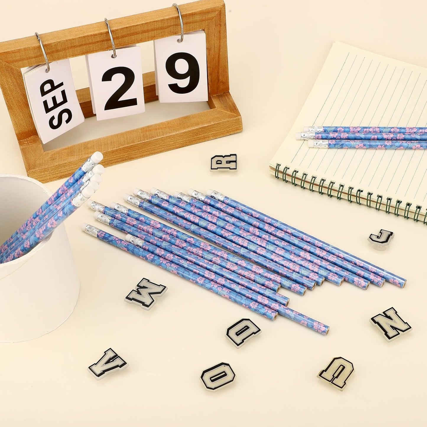 20pcs Cartoon Blue Pencils with Floral & Leaf Prints, Hawaiian Themed Wooden Pencils with Eraser Hawaii Themed Party Supplies for Classroom School Office