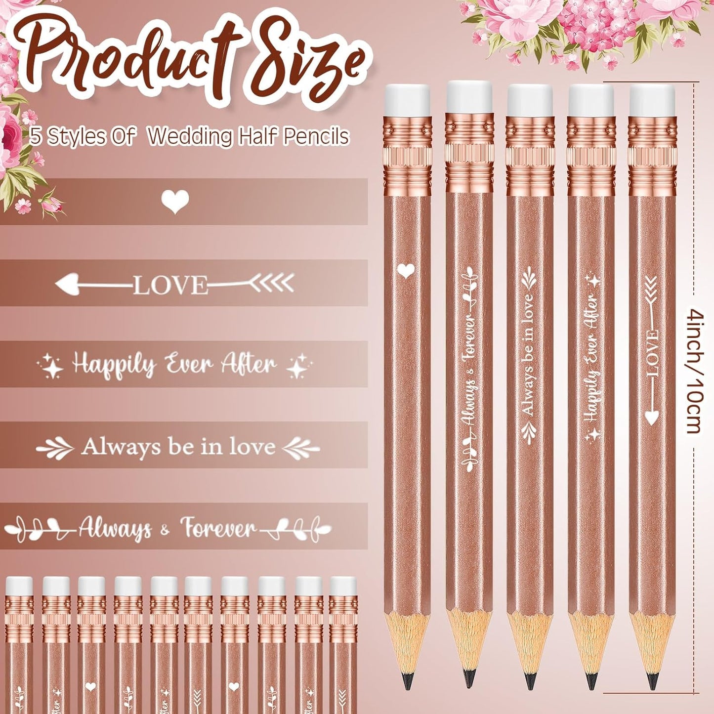Crtiin 50 Pcs Bridal Shower Pencils Half Golf Wedding Pencils with Eraser 4 Inch Short Pocket Pre Sharpened for Wedding Game Bridal Shower Presents Classroom School(Wood Color)