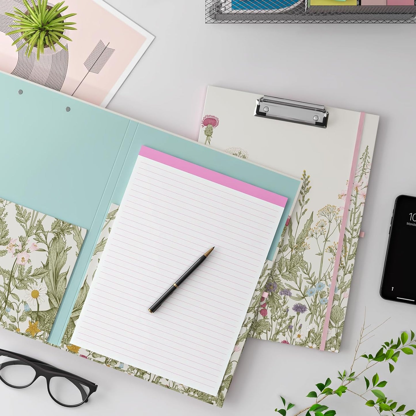 Clipboard Folio with Refillable Lined Notepad, Low Profile Clip and Interior Storage Pocket, Cute Clipboard Folder Design for Students, Office, School, Nurse (Garden Flowers+Stay Positive)