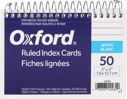 Oxford Premium-Weight Index Cards, Spiral, Ruled, 3 x 5 Inches, White, 50 Cards per Pack, 1 Pack (40282)
