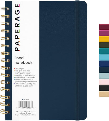 PAPERAGE Lined Spiral Journal Notebook, (Black), 160 Pages, Hardcover Journal for Women & Men, Medium 5.5 in x 8 in - 100 GSM, Thick Paper, Spiral Notebook for Work, School & Journaling