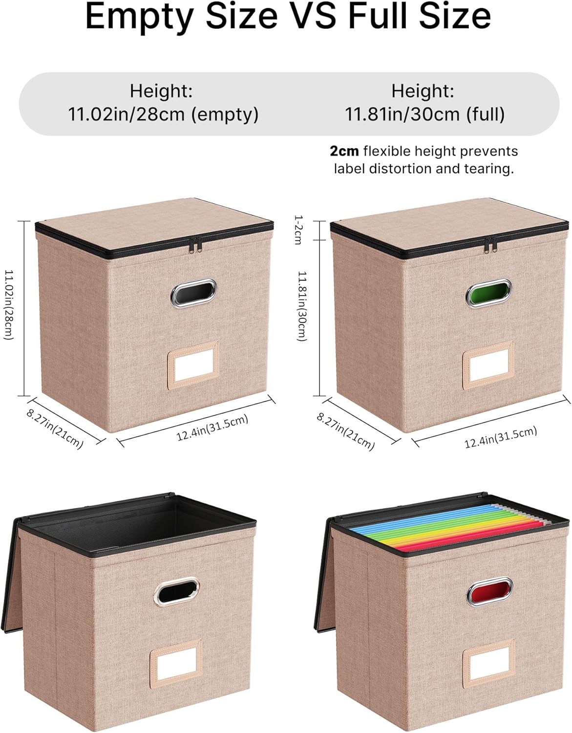 Oterri 2 Pack File Organizer Boxes with Lids, File Box with Mesh Pockets, Document Organizer Box for File Folders Letter Size, Zippers Filing Box for Home, Office, School (Green, Without Folders)