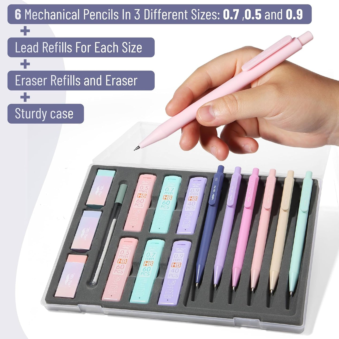 Mr. Pen- Pastel Mechanical Pencil Set with Lead Refills & Erasers, 6 Pack, 3 Sizes, 0.5 0.7 & 0.9mm, 6x Tubes HB Lead Refill, 3x Eraser for School Supplies, Students, Drafting, Drawing & Sketching