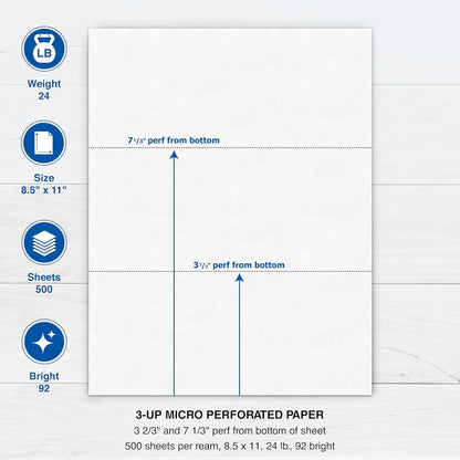 PrintWorks Professional 3 2/3" Horizontal Perforated Paper 8.5” x 11” - Perfect For W-2, 1099, & Statement Use - Made in the USA - 500 Sheets - 20 lb - Printer Compatible - White (04124)