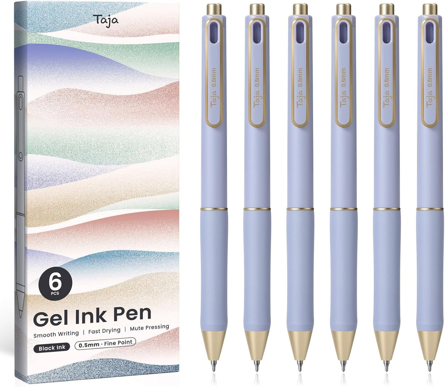 Taja Gel Pens, 6 Pcs Quick Dry Black Gel Ink Pens, 0.5mm Fine Point Smooth Writing Pens for Journaling and Note Taking, Cute Aesthetic Pens for Women & Men-Pastel