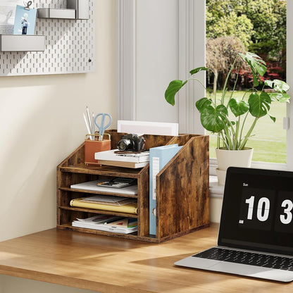 CHOEZON Wooden Desk Organizer with Adjustable Partitions, Multi-Layer Desktop File Holder for Home Office, Paper & Stationery Storage Organizer, Rustic Brown MWJ04FG