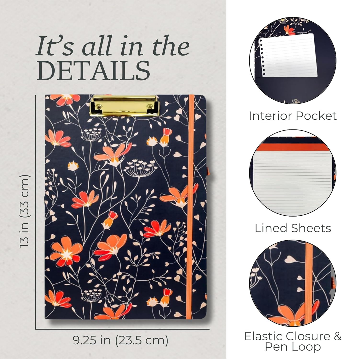 Steel Mill & Co Cute Clipboard Folio with Refillable Lined Notepad and Interior Storage Pocket, Floral Padfolio for Work, Garden Blooms Cream