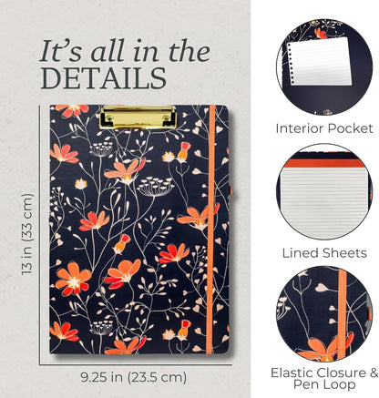 Steel Mill & Co Cute Clipboard Folio with Refillable Lined Notepad and Interior Storage Pocket, Floral Padfolio for Work, Garden Blooms Cream