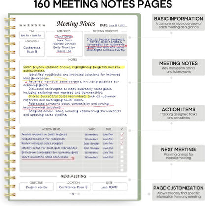 Taja Meeting Notebook for Work Organization - Work Planner Notebook with Action Items, Agenda Planner for Note Taking, 160 Pages (6.9" X 9.9") Project Organizer for Men & Women - Blue