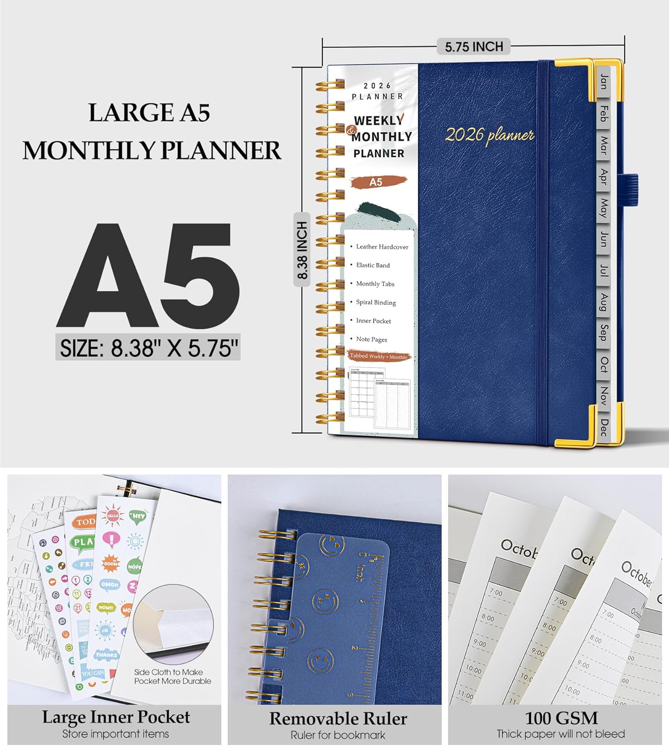2026 Planner, Weekly and Monthly Calendar Planner from January 2026 - December 2026, 8.5" x 11" Hardcover Leather Hourly Appointment Book with Tabs, Spiral Daily Planners for School Work Home, Green