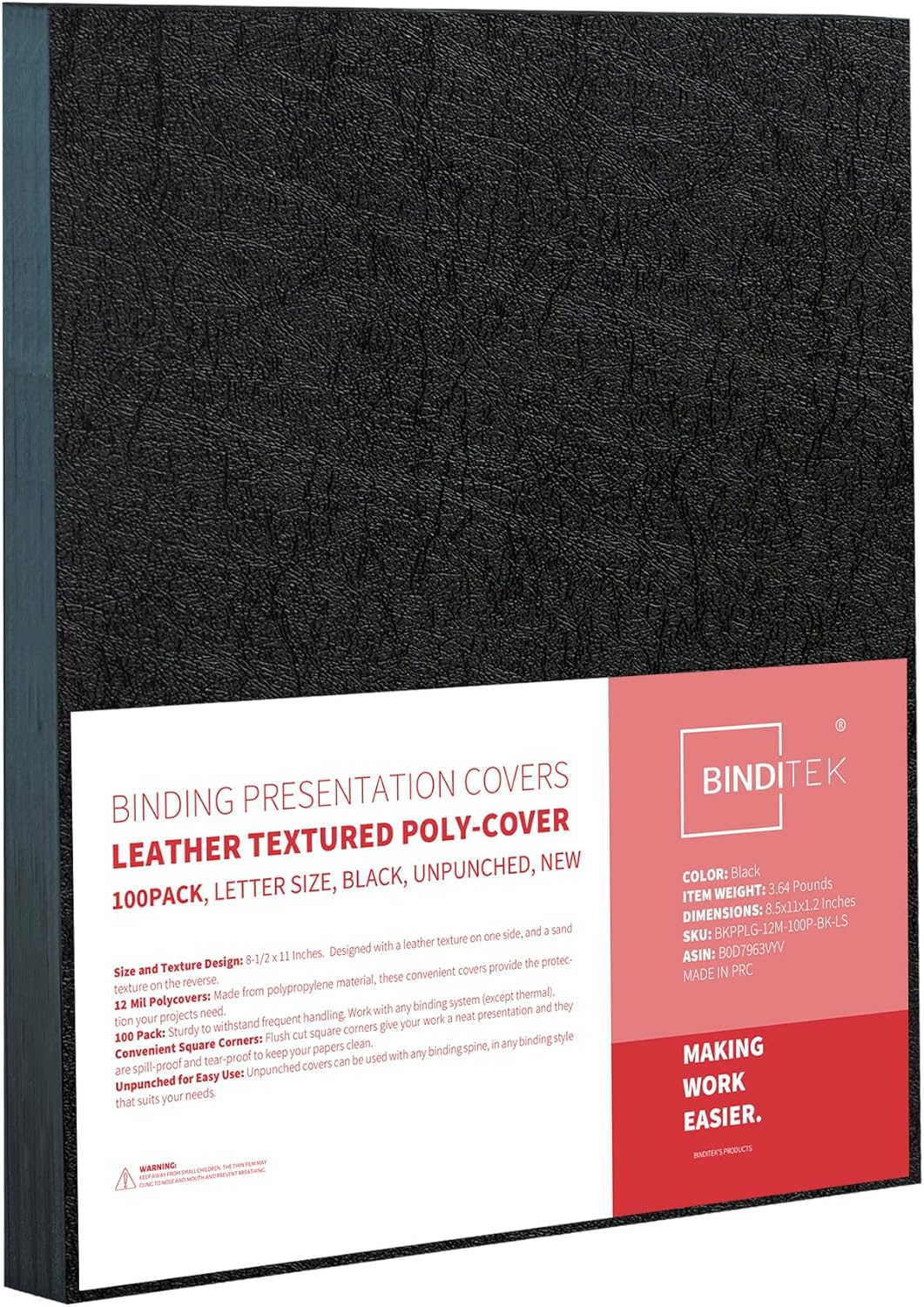 Binditek 100 Pack 16 Mil Leather-Textured Heavyduty Polycovers, Plastic Binding Presentation Covers, Letter Size, 8-1/2 x 11", Square Corners, Un-Punched, Black