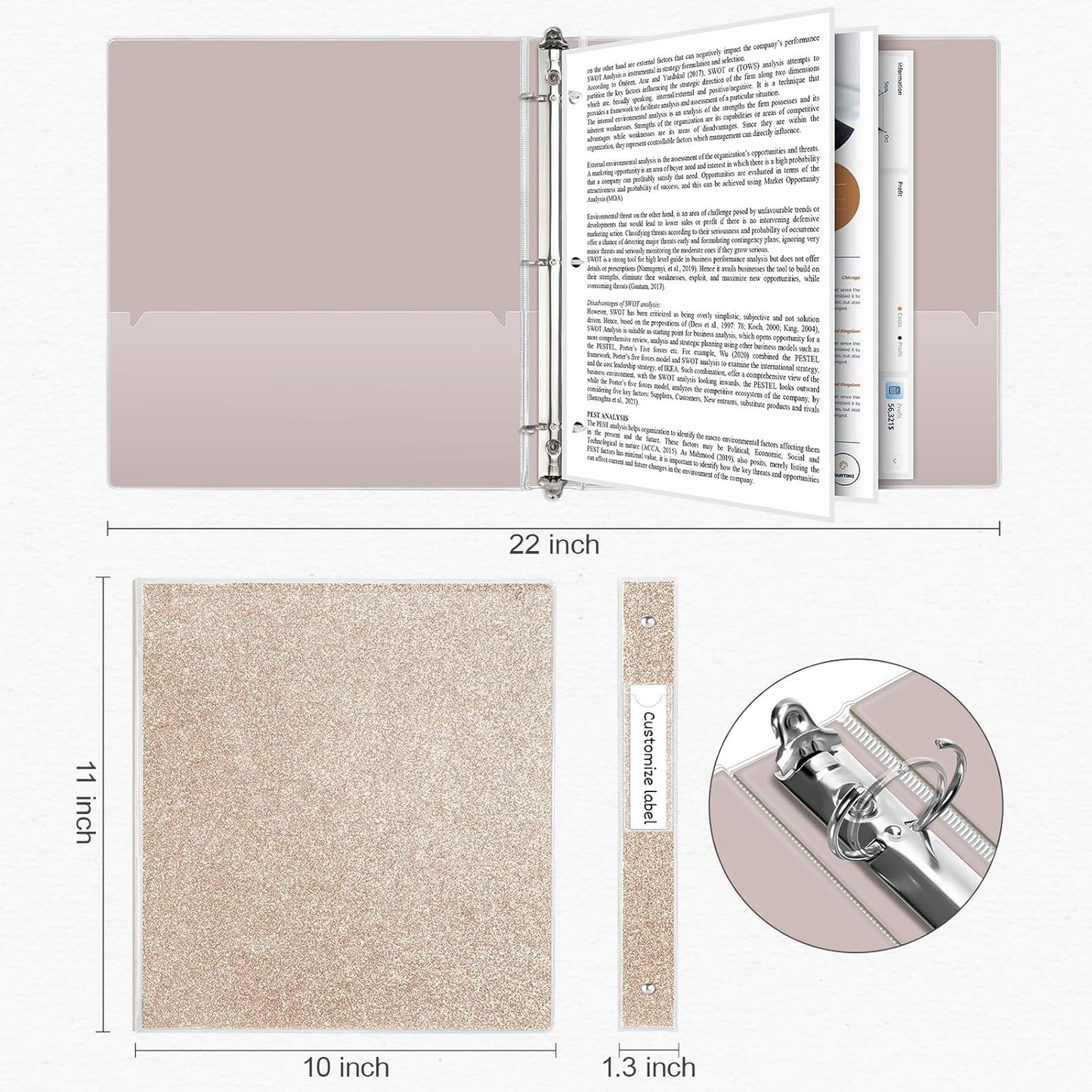 EYROZILL 3 Ring Binders 1 Inch Round Rings Binder Gold Binder Holds 8.5" x 11" Letter Size 300 Sheets, Waterproof, Gold