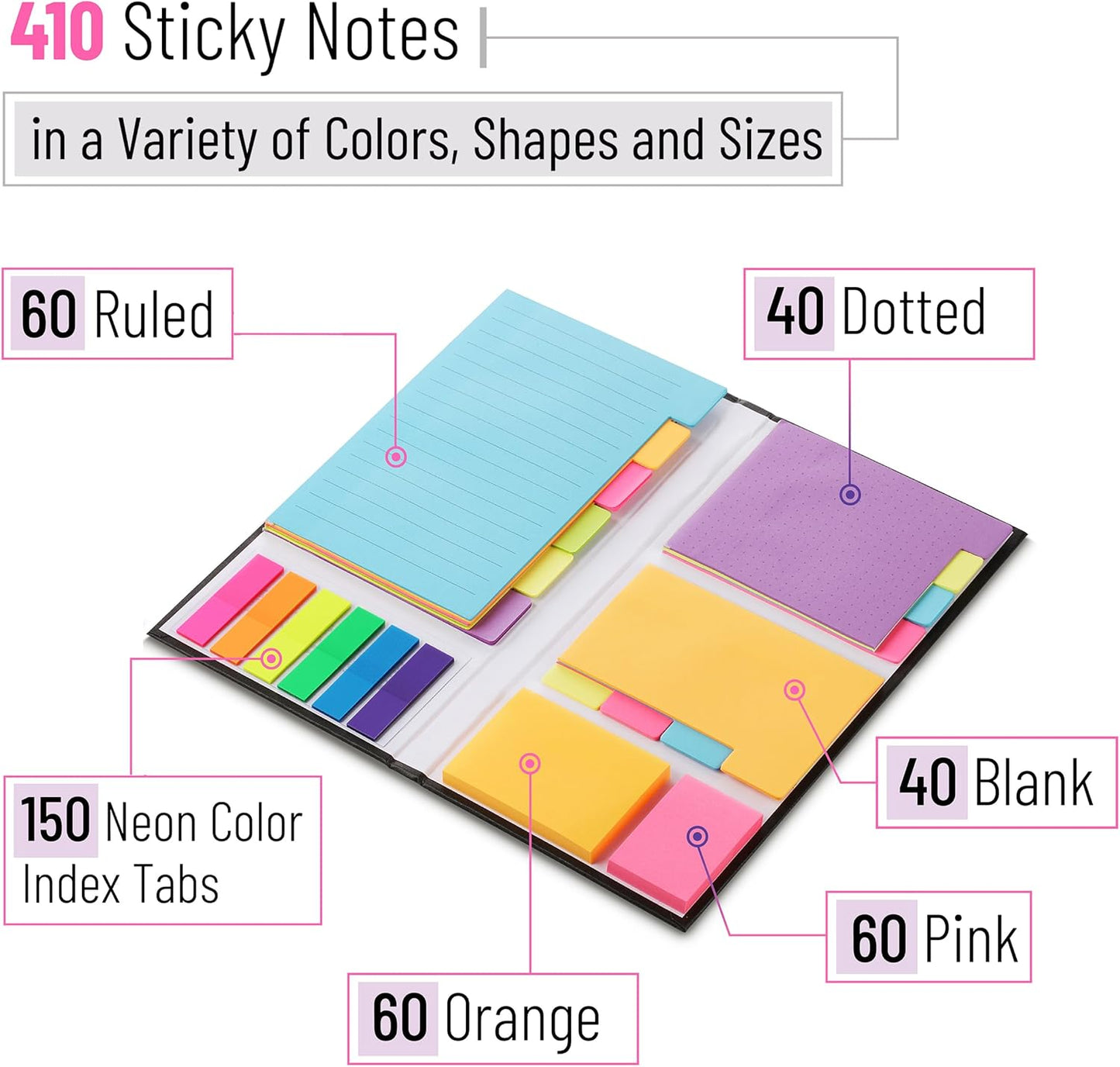 Mr. Pen- Sticky Notes Set, 410 Pack, Ruled, Dotted & Blank Notes with 150 Index Tabs, Divider Sticky Pads for Bible Study, Office, School, Planning, Journaling & Organization
