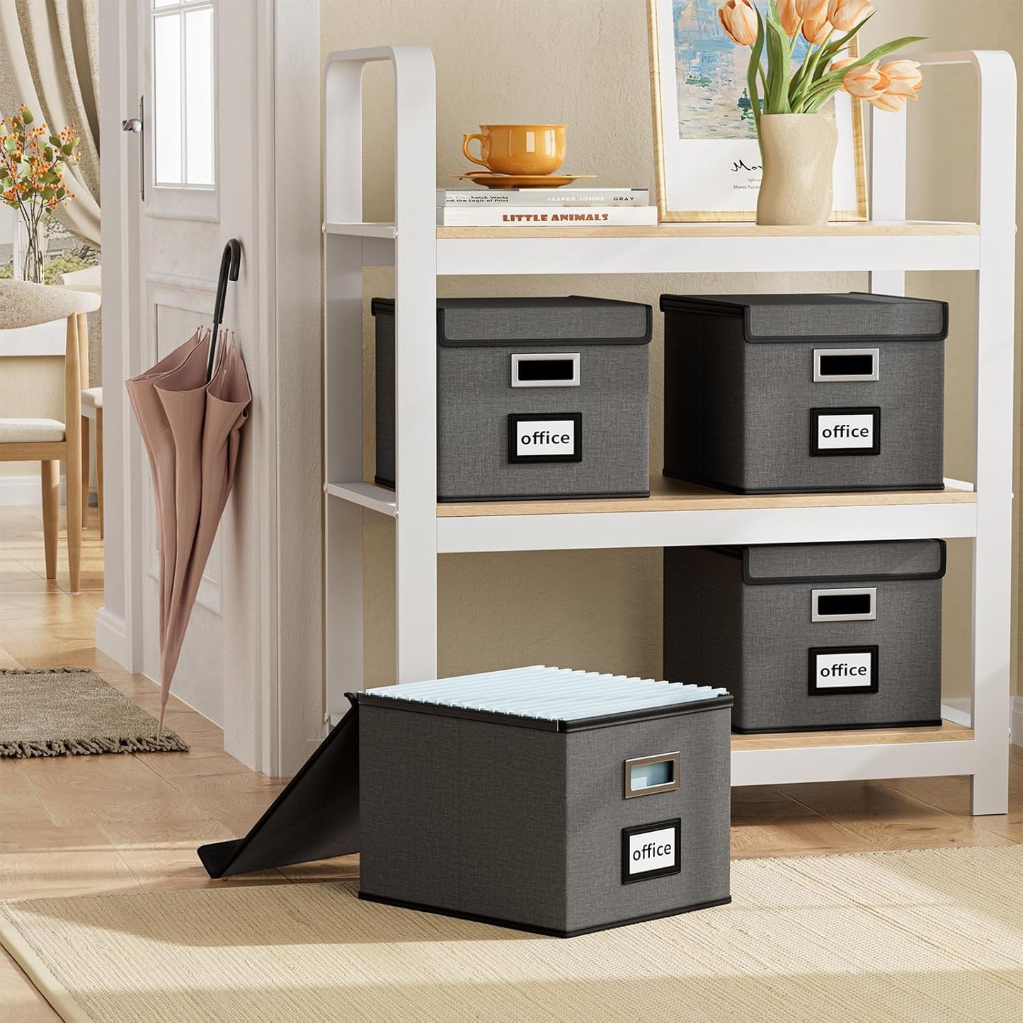 Huolewa Upgraded Portable File Organizer Box with Lid, Collapsible Linen Hanging Filing Storage Boxes with Plastic Slides, Decorative Home/Office Filing System Box for File and Folders Storage (Gray)