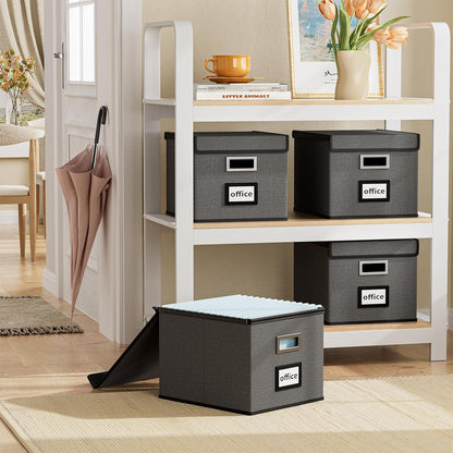 Huolewa Upgraded Portable File Organizer Box with Lid, Collapsible Linen Hanging Filing Storage Boxes with Plastic Slides, Decorative Home/Office Filing System Box for File and Folders Storage (Gray)