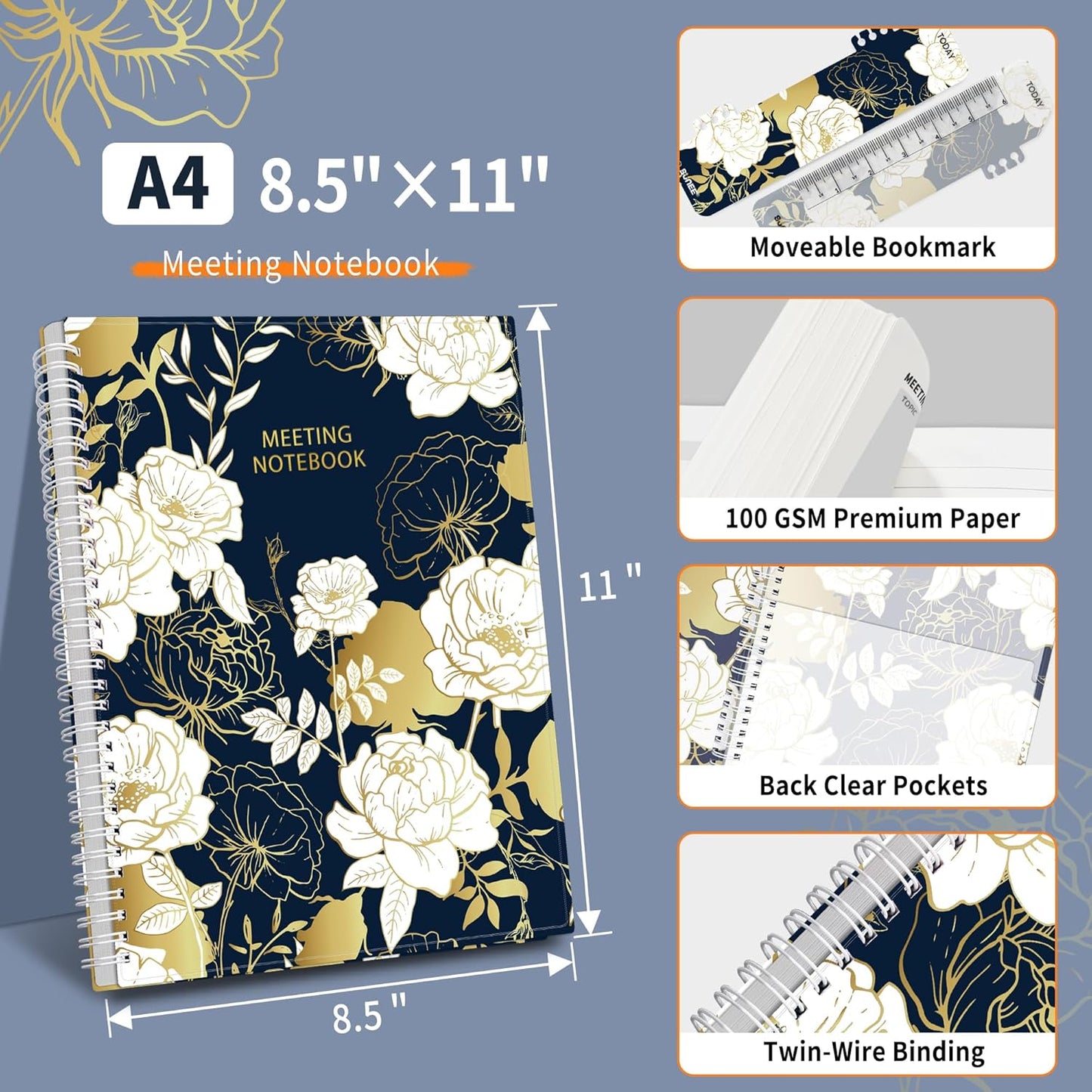 SUNEE Half Meeting Half Note - 7.5"x10" Professional Notebooks for Work - 160 Pages, B5 Size Project Planner, Spiral Meeting Agenda/Minutes Organizer for Women Men, Note Taking, Office & Business