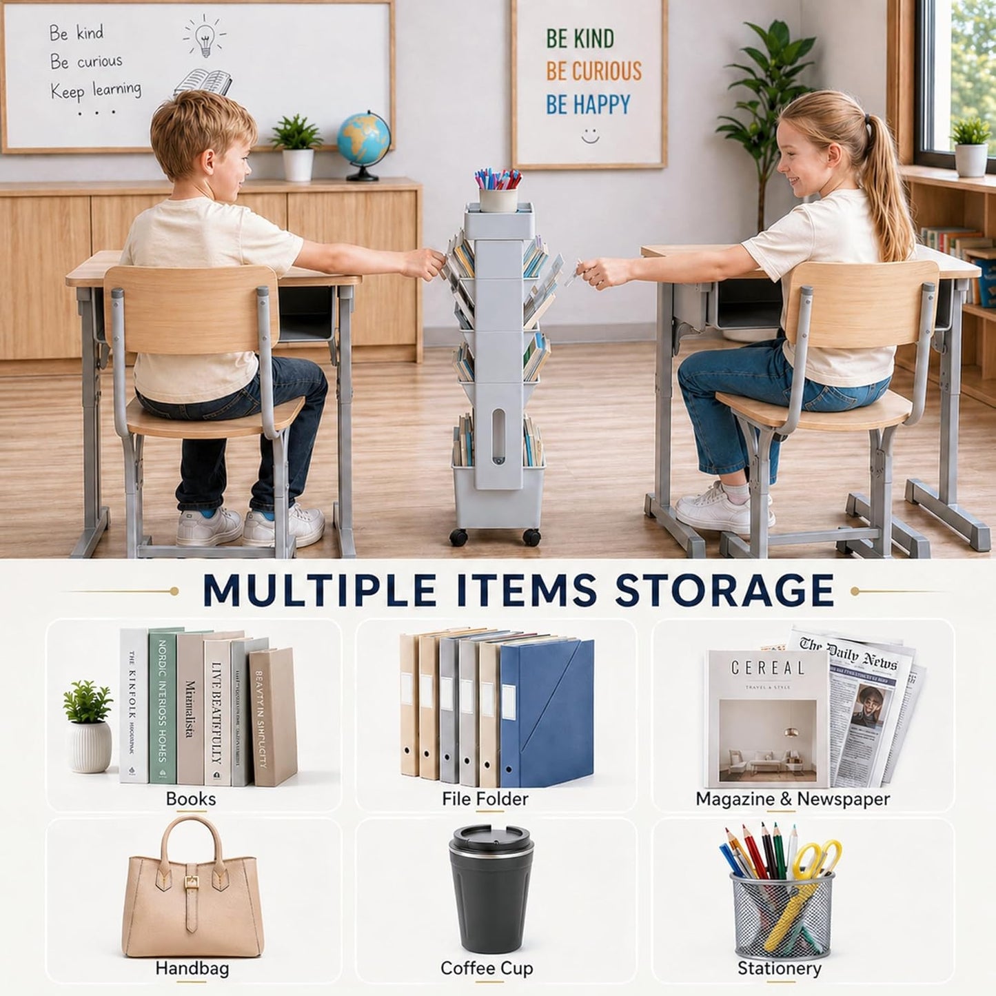 BYFU 6-Tier Movable Bookshelf Cart, Rolling File Storage Paper Organizer Mobile Bookcase with Wheels for Home Office Study Classroom, Black