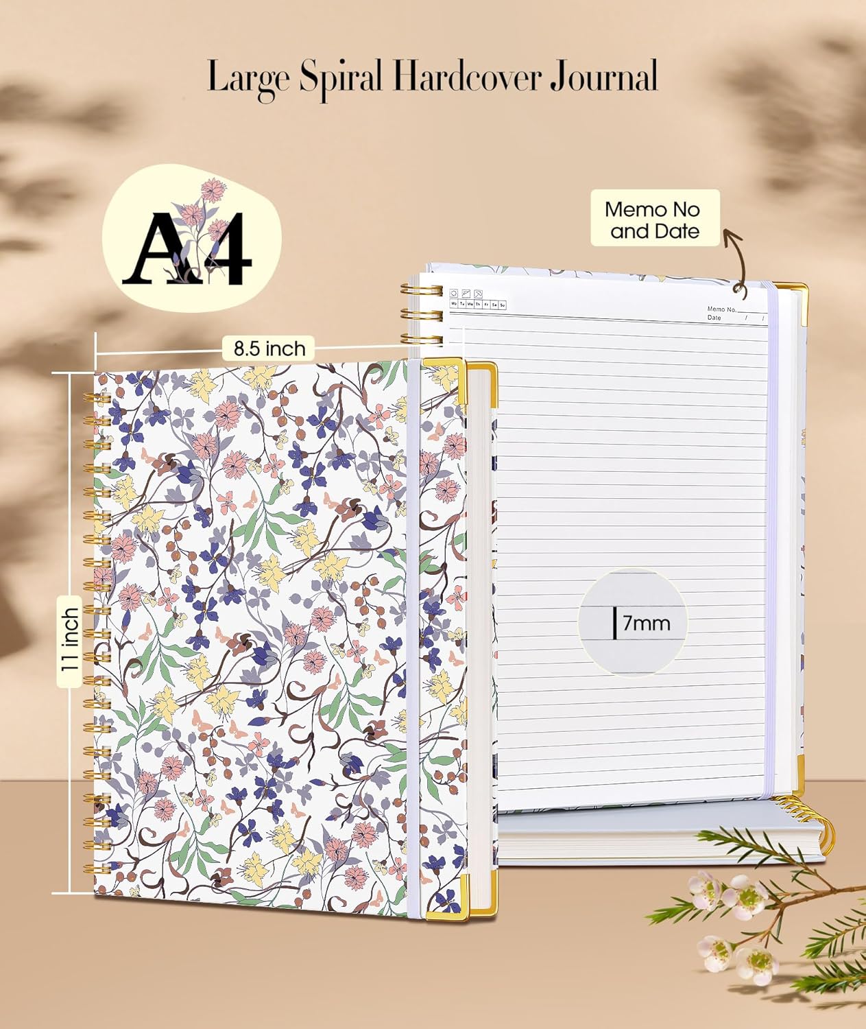 Cute Spiral Notebook Journal for Women, 200 Pages Lined Notebooks 8.5” x 11”, A4 Large Hardcover Spiral Journals with 100 GSM Thick Paper, College Ruled Notebook for Writing Work School, Orange Floral